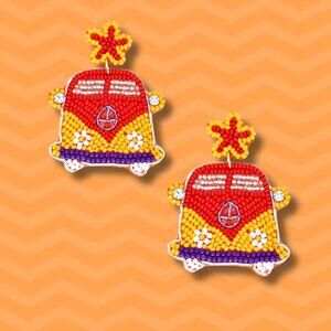 Retro VW Bus Van Hippie Boho Seed Beaded Statement Earrings
